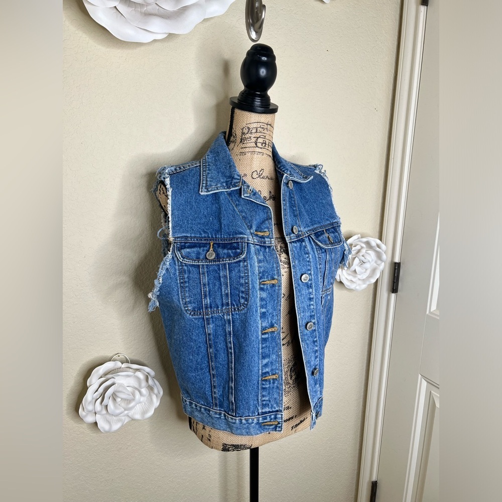 Vintage Gitano Medium Blue Wash Denim Frayed Sleeves Trucker Vest Sz Small - Picture 6 of 14